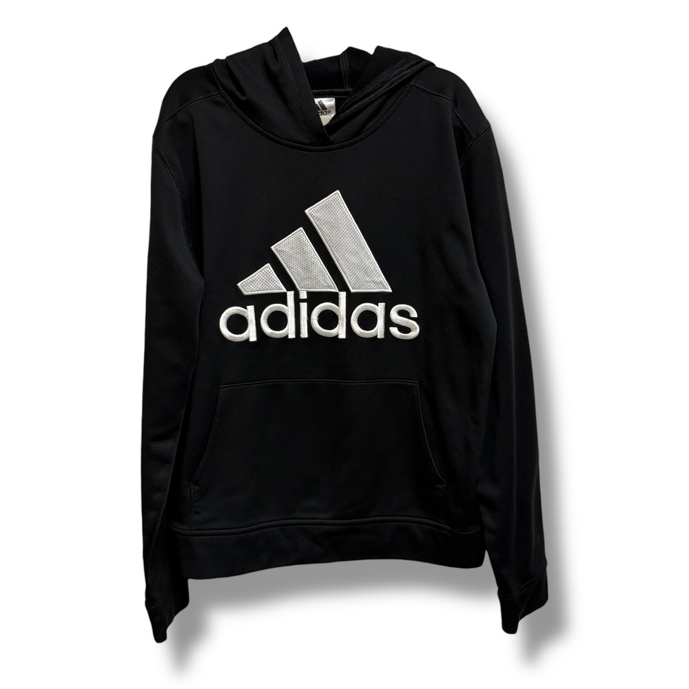 Adidas Boys Hoodie Black Pullover Embroidered Logo Sweatshirt Kids Size L 14/16